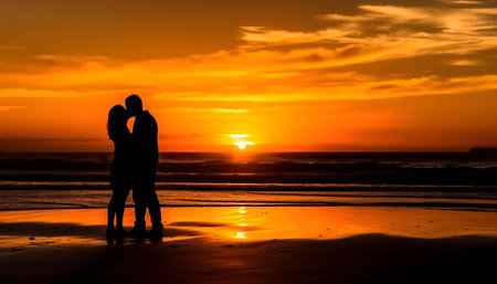 Silhouetted couple kissing at sunset on a beach. Romantic scene.の写真素材