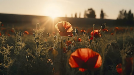 Red poppies in a field at sunset. Serene and peaceful summer evening.の写真素材