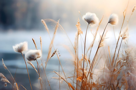Cotton grass near a lake at sunset. Peaceful nature scene.の写真素材