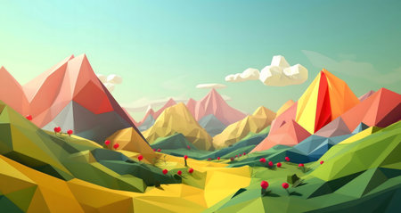 Stunning digital art depicting vibrant low-poly mountains and hills under a bright sky.の写真素材