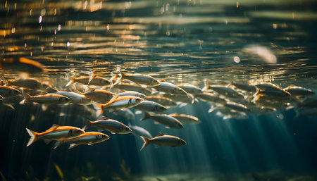 A school of fish swims peacefully in clear water, sunlight filtering through above.の写真素材