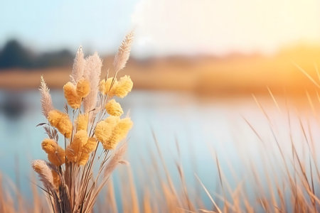 Pampas grass in golden sunlight by a lake.の写真素材