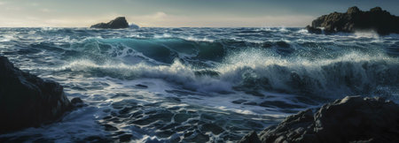 Powerful ocean waves breaking on a rocky shore. Dramatic seascape.
