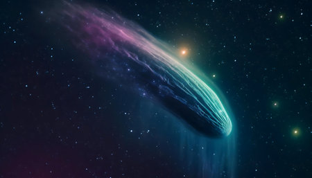 A vibrant comet streaks across a star-studded sky, its tail a mesmerizing display of colors.の写真素材