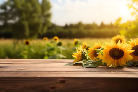 Sunflowers on a wooden table, summer field backgroundの写真素材
