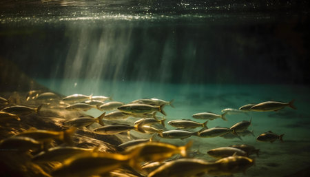 A mesmerizing underwater scene showcasing a large school of fish illuminated by sunbeams penetrating the surface.の写真素材
