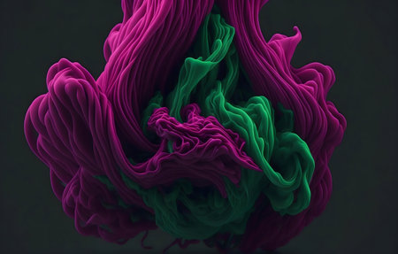 Close-up of vibrant magenta and emerald ink swirling together creating an abstract, artistic composition.の写真素材