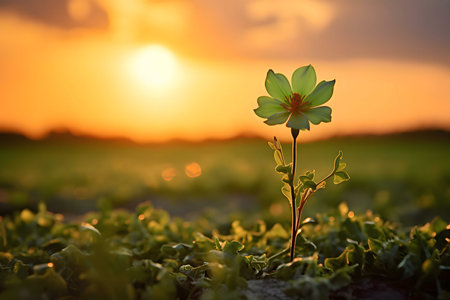 A lone flower stands tall, bathed in the warm glow of a vibrant sunset. The scene is peaceful and serene.の写真素材