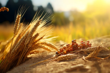 A close-up of ripe wheat and grapes, bathed in the warm glow of the setting sun. Autumnal harvest scene.の写真素材