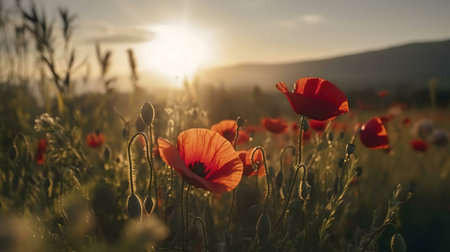 Vibrant red poppies bathed in the warm glow of a sunset.の写真素材