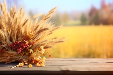 Golden wheat and autumn leaves on a rustic wooden table. A beautiful autumn harvest scene.の写真素材