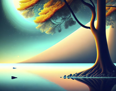 A digital painting of a tranquil lake scene at night, featuring a large tree with golden leaves, and a bright moon.の写真素材