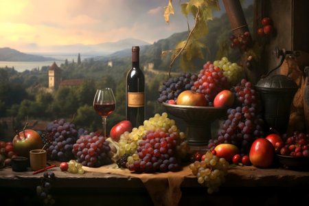 A still life showcasing red wine, various grapes, and apples set against a scenic autumn landscape.の写真素材