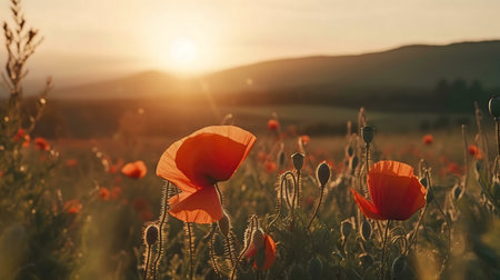 Stunning sunset over a poppy field. Red blooms bathed in golden light.の写真素材