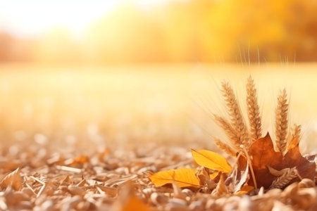 A tranquil autumn scene of wheat stalks and fallen leaves bathed in sunlight.の写真素材