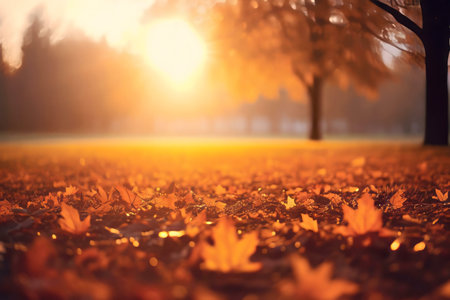Golden autumn leaves scattered on the ground at sunset.の写真素材