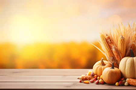 A picturesque autumn harvest scene featuring pumpkins, corn, wheat, and berries on a wooden table against a blurred sunset background.