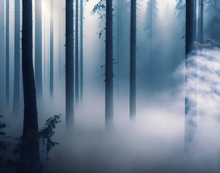Misty forest scene, ethereal, tranquil atmosphere.の写真素材