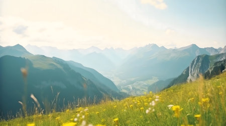 Stunning mountain vista, wildflowers in foreground.の写真素材