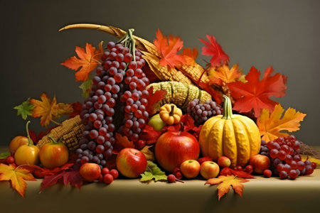 A vibrant autumn harvest still life featuring pumpkins, grapes, apples and corn. Thanksgiving feast