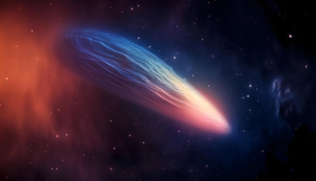 A vibrant comet streaks across the cosmos, leaving a radiant trail.