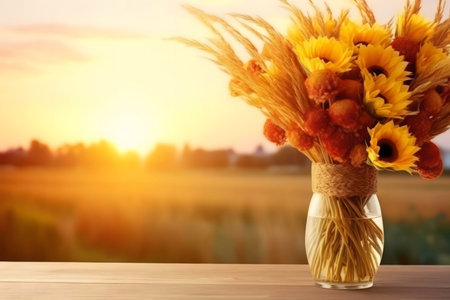 Sunflowers and wheat in a glass vase at sunset.の写真素材