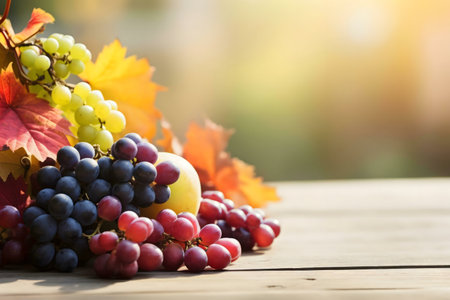 A closeup of assorted grapes with autumn leaves on a wooden table.の写真素材