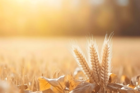 Golden wheat stalks in a field at sunset. Warm light bathes the scene.の写真素材
