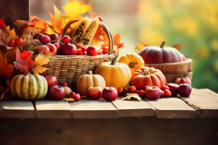 A vibrant autumn harvest scene with pumpkins, apples, corn and berries.の写真素材