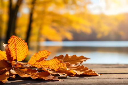 Golden autumn leaves rest on a wooden surface near a calm lake. The blurred background showcases an...