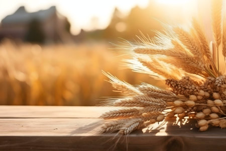 Golden wheat stalks on a wooden table at sunset. Rural scene evokes harvest and abundance.の写真素材
