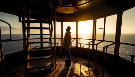 A man silhouetted against a vibrant sunset, standing in a rustic lighthouse overlooking a tranquil ocean. A moment of serenity and contemplation.の写真素材