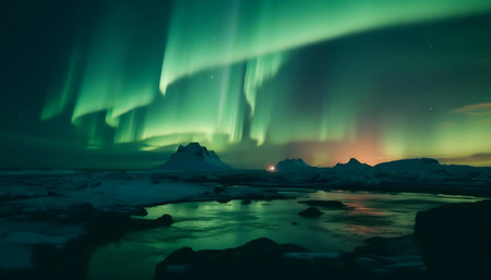 Stunning Aurora Borealis display over a frozen lake and mountains at night.