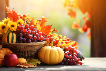 A vibrant autumn harvest scene featuring pumpkins, grapes, and sunflowers. Perfect for Thanksgiving.