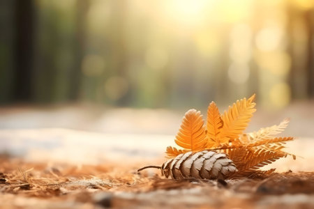 A serene autumn scene featuring a pine cone and golden leaves on the forest floor, bathed in warm sunlight.の写真素材