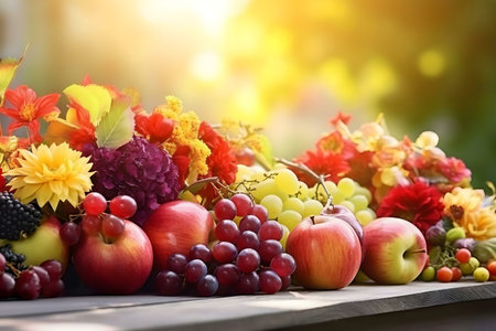 A colorful autumn harvest scene featuring an array of fresh fruits and flowers.の写真素材