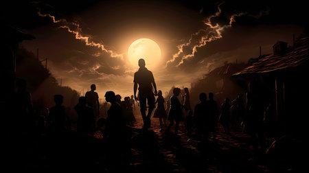 A dramatic silhouette of people at night, a solitary figure leads a crowd under a large, bright moon.の写真素材
