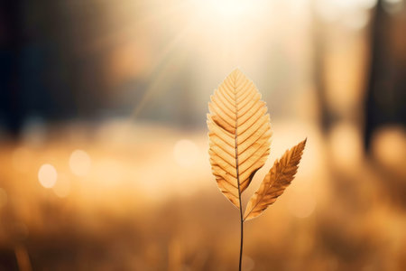 Golden autumn leaves illuminated by sunlight, serene nature scene.の写真素材