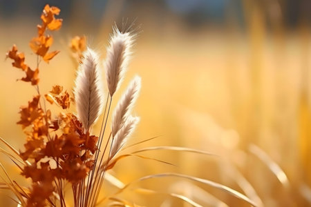 Close-up of pampas grass and dried leaves bathed in warm autumnal sunlight.の写真素材
