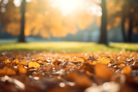 Golden autumn leaves blanket the ground in a serene park bathed in sunlight.の写真素材