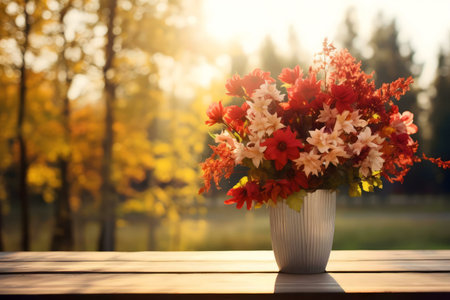A stunning autumnal bouquet in a gray vase sits on a wooden table, with a blurred background of fall trees.の写真素材