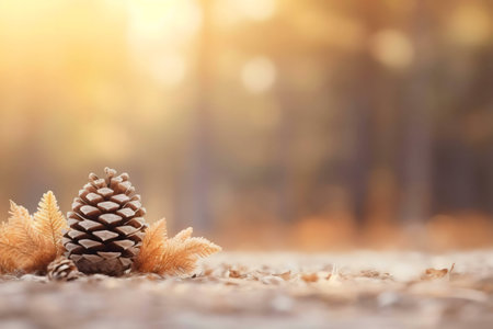 A single pine cone rests amidst dried leaves, bathed in soft autumn light. Peaceful woodland scene.の写真素材