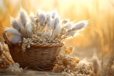 Dried flowers in a wicker basket, bathed in the warm light of the golden hour.の写真素材