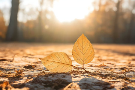 Two autumn leaves bathed in the golden light of the setting sun.の写真素材