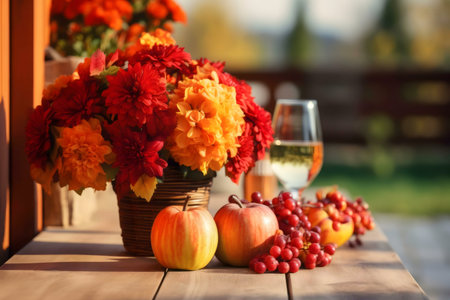 Red and orange flowers, apples, grapes, and a glass of wine on a wooden table. A beautiful autumnal scene.の写真素材