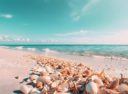 Seashells and starfish scattered on a pristine beach, ocean waves gently lapping the shore.の写真素材