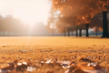 Golden hour sun illuminating a park, autumn leaves scattered on grass.の写真素材