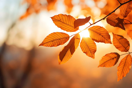 Golden autumn leaves illuminated by the setting sun. Warm, serene autumnal scene.の写真素材