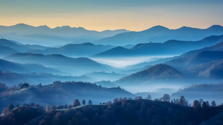 Stunning misty mountainscape at sunrise. Peaceful blue hues dominate the scene.の写真素材
