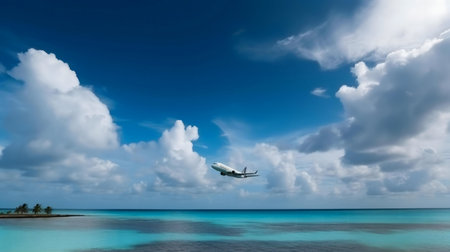Plane above turquoise sea and fluffy cloudsの写真素材